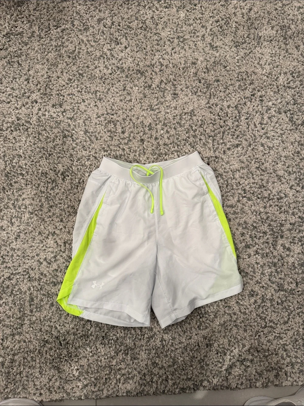Under Armour White Men’s Athletic Shorts with Neon Yellow Accents